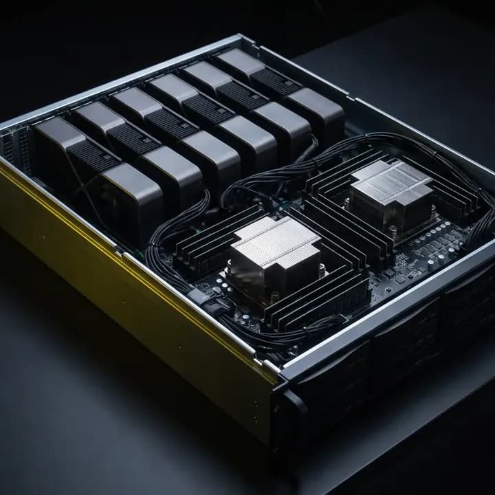 Studio render of an NVSX GPU server with its lid off