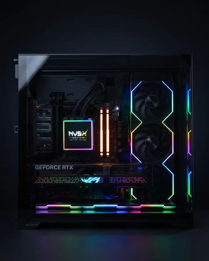 A PC from our workshop in a Lian Li O11 Vision Compact: a cooler with the NVSX mark on its screen, above an ASUS ROG Astral RTX 5070 Ti