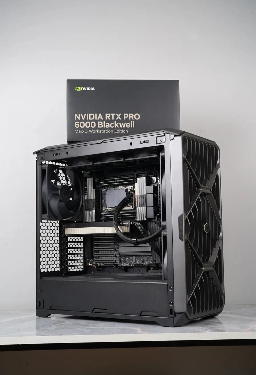 The Pro workstation we built in September 2026: a black tower with its side open, one RTX PRO 6000 Max-Q inside, and the GPU's box on top